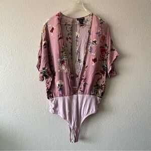 Timing,  Women’s Lavender Floral Print Kimono Sleeve Bodysuit, Size L